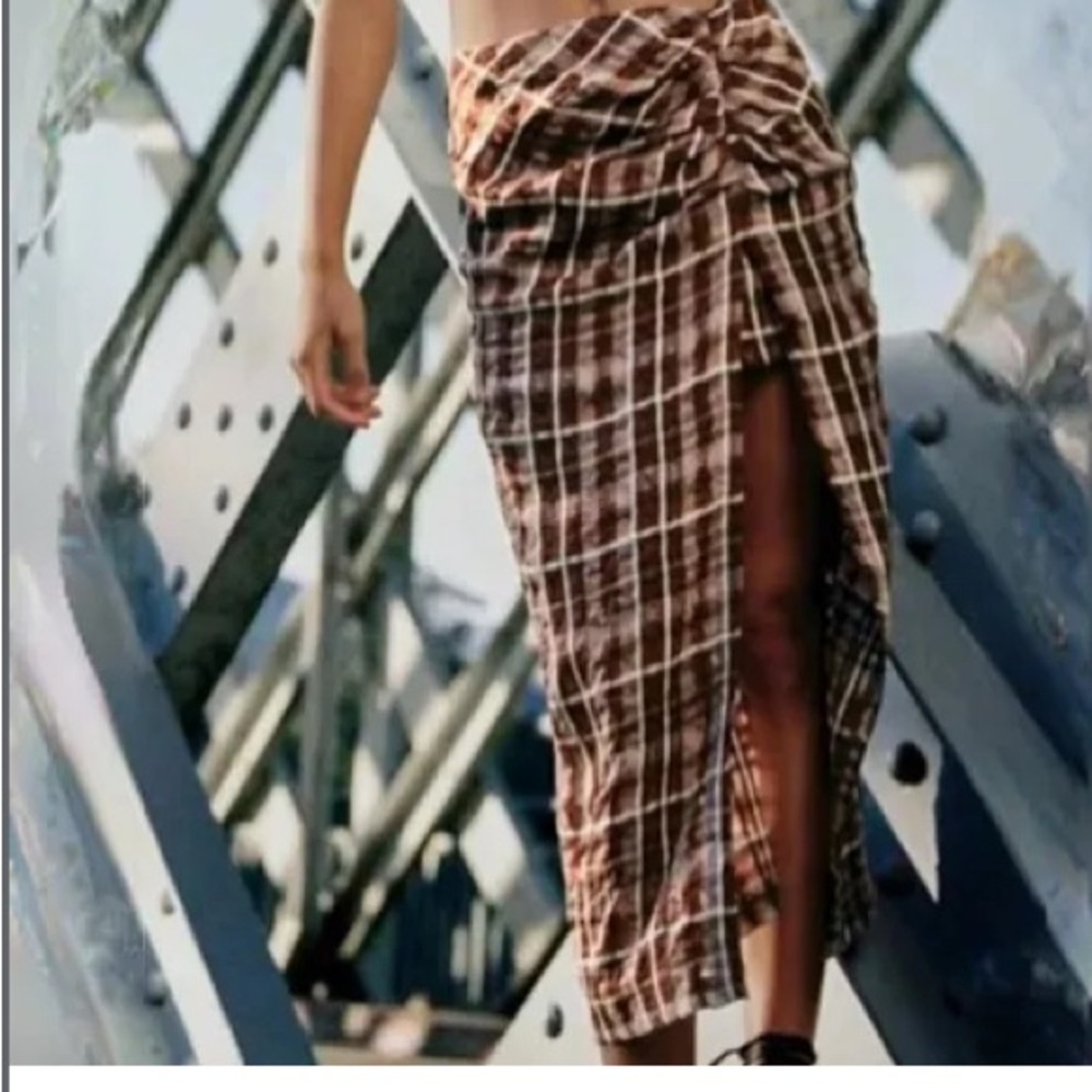 Zara Brown Plaid Midi Skirt